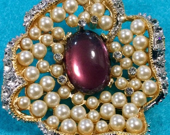 1990 KJL Pearl Flower Pin-Brooch-Enhancer/Faux Pearls-Crystal Rhinestones-Purple Cabochon/“Kenneth J. Lane”/Vintage