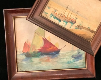 Coastal Wall Art Paintings Set/Nautical Decor Ship SeaScape/Original Oil/Dutch/Signed/Framed/2 Piece/Vintage Antique