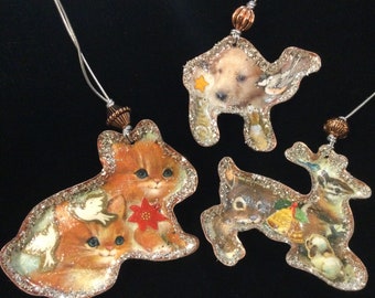 Animal Christmas Ornament/Copper Cookie Cutter/Beaded/Decoupage/Rabbit-Deer-Camel-Cat-Dog-Lamb-Chipmunk-Bird-Flower/3pc SET/Handmade/Vintage