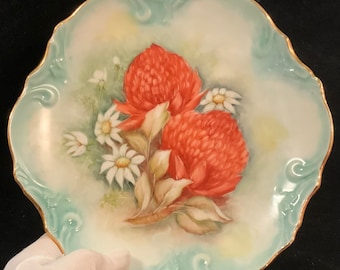 Cabinet Plate/Flower & Strawberry Fruit/Hand Painted Ceramic-Porcelain-China/Germany? Signed Milda Gishner/Victorian/Small 8” Vintage