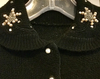 Hand Knit Sweater/Cardigan/Cocktail Sweater/Black/Beaded Rhinestone & Pearl Collar/Woman’s Small (chest 36”) Handmade/Vintage 1950