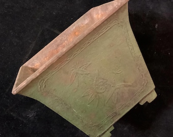 Cast Iron Planter-Plant Pot//Wrought Iron/Asian/Bonsai/Ikebana/Green Embossed Cherry Blossom & Bamboo/Tabletop/Square/Vintage Antique 1800s