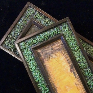 1950s Carved Picture Frame Pair/Tiki/Mexican? Aztec? Mayan? Indonesian?/Green Carved Resin/Wall Mount/Large 2 Piece Set/Vintage Mid Century