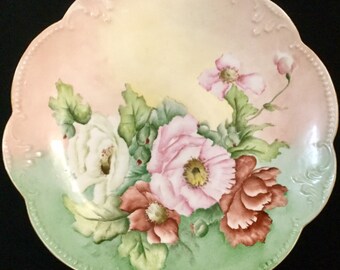 1902 French Floral Cake Plate-Platter/HP Hand-Painted Porcelain-China/Pink Rose Flowers/France/Scalloped/Large 12”/Vintage Victorian Antique