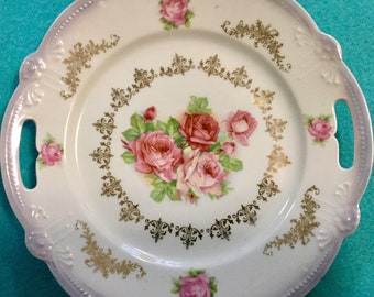 Pink Floral Cake Plate Platter/Ceramic Porcelain China/Blue Lustre Lusterware/Transfer Ware/Rose Flower/Handles/22Kt Gold/ 9”/Vintage