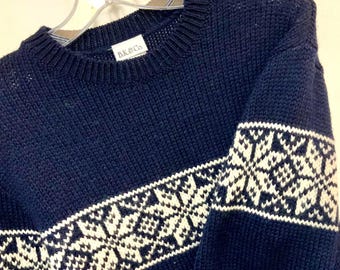 Christmas Fair Isle Snowflake Knit Sweater/Pullover/Lambswool/Blue & White/Woman Size Large (chest 40”) Vintage Y2K