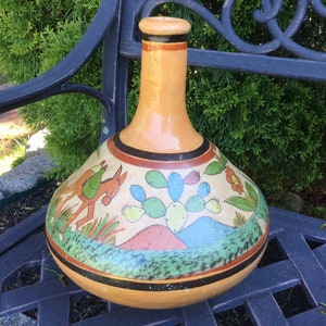 Mexican Tonala Pottery Water Jug-Bottle-Carafe Souvenir/Petatillo Jalisco Tiaquepaque Mexico Folk Art/Burnished Clay/Large/Vintage 1940s
