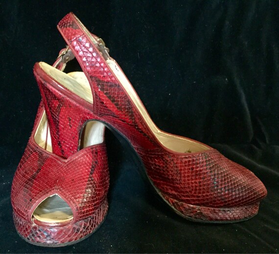 40s Red Snakeskin Shoes-High Heels-Platform-Pumps… - image 2