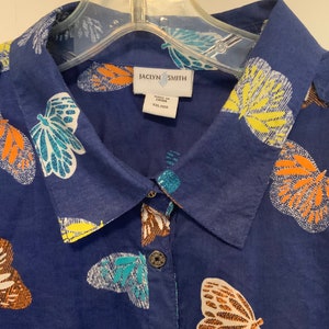 Blouse-Shirt-Top/Blue Butterfly Print/Button Up/“Jacklyn Smith”/Cotton/Collar/Long Sleeve/Woman’s XXL (chest 46”) Vintage 1970s image 3