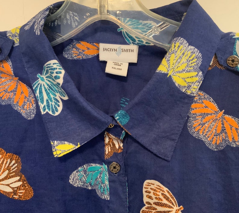 Blouse-Shirt-Top/Blue Butterfly Print/Button Up/“Jacklyn Smith”/Cotton/Collar/Long Sleeve/Woman’s XXL (chest 46”) Vintage 1970s image 3