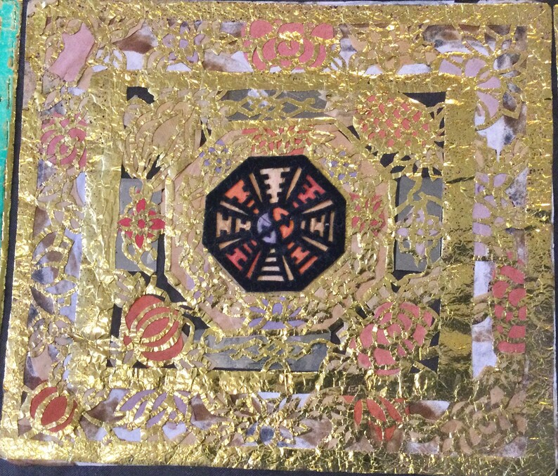 May include: A gold and black octagonal design with intricate details, surrounded by a border of gold and red floral patterns. The design is set against a background of gold and white paper.