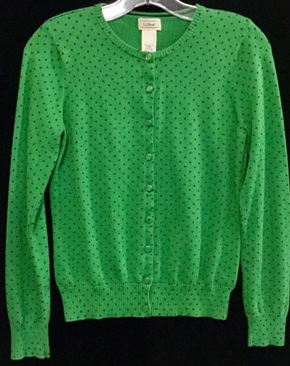 LL Bean Cardigan Sweater/Green Polka-Dot Print/Co… - image 2