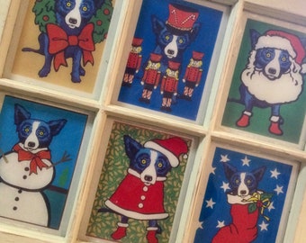 Christmas Collage Wall Art/Dog Animal Picture/Pop-Art/Window Architectural Salvage/6 Pane Wood Sash/Repurposed-Handmade/21x24”
