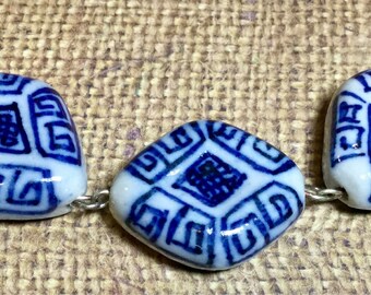 Beaded Necklace Choker/Blue Willow Floral Ceramic Porcelain Beads/Hand-Painted/Asian-Chinese/Large/Graduated/Handmade