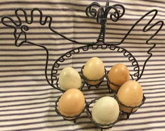 Wire Egg Basket Holder Display Rack Storage/Chicken-Rooster/Primitive Country Farmhouse Kitchen/Easter/Vintage 1990