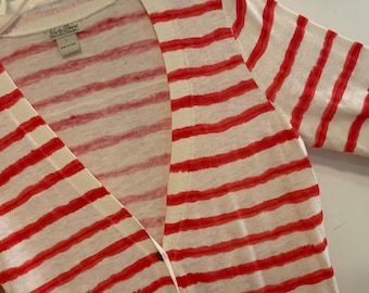 Christmas Sweater/Red Striped Cardigan/Candy Cane Print/Lucky Brand/V Neck/Long Sleeve/Cotton+Acrylic/Woman (chest 36-38”)Vintage