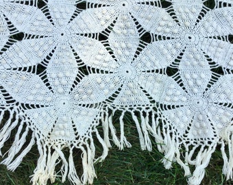 Crocheted Tablecloth/Floral/Off White-Ecru/Cottagecore/Popcorn Stitch/Geometric/Fringe/Rectangle 52x72”/Handmade/Vintage 1950
