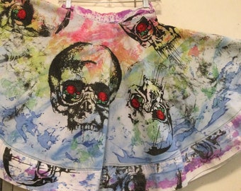 Skull Tie Dye Skirt/Skeleton/Day of the Dead/Dias De Los Muertos/Skater/Full-Circle/Halloween/Woman’s Small (Waist 24”) Handmade/Vintage