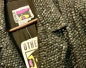 Black Blazer-Jacket-Coat/Beaded/Button Up/Other Destination/NWT/Long Sleeve/Collar/Pockets/India/Woman (chest 46”) Formal/Vintage 1980s