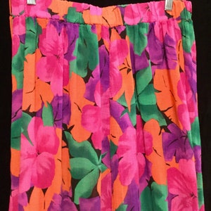 Vintage Pink Floral Maxi Skirt/Hawaiian Print/Fluorescent Neon Hibiscus Flowers/Cotton Gauze Fabric/Elastic-Waist/Woman's Size XL/Vintage image 3