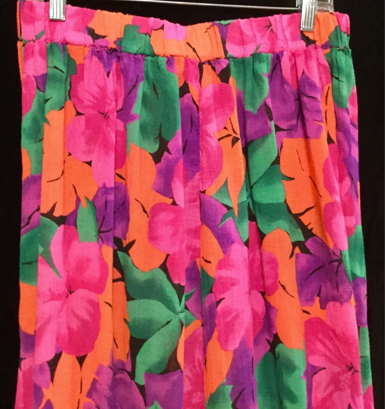 Vintage Pink Floral Maxi Skirt/Hawaiian Print/Fluorescent Neon Hibiscus Flowers/Cotton Gauze Fabric/Elastic-Waist/Woman's Size XL/Vintage image 3