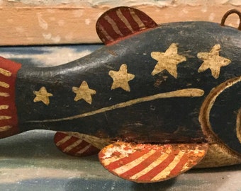 Vintage Fish Decoy/Wood Fishing Lure/Ice Spearing/USA Flag Patriotic Folk  Art/Hand-Carved/America July 4th/Minnesota/Weighted/Handmade SET