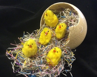 Easter Ostrich Egg with Baby Chicks-Chickens/Hollow Half Eggshell/Yellow Chenille Birds/Genuine Nature Specimen/Set/Handmade