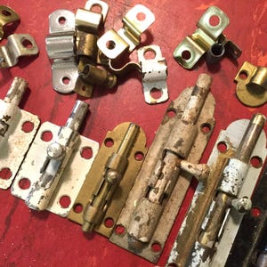 Brass Barrel Lock/Bolt Door Latch/Sliding Security Lock Hardware/Metal-Steel-Brass/Used/8 Piece SET/Vintage