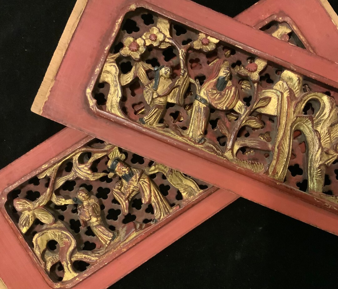 Antique Chinese Red Carved Wood Door Plaquepanel/figural/gold