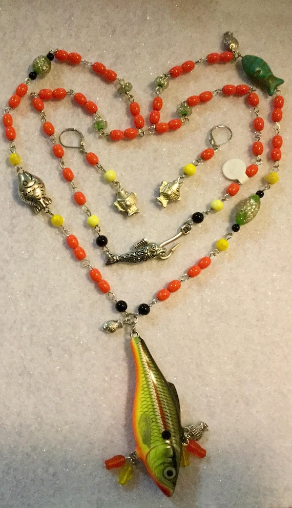 Fish Necklace & Earrings/beaded Tassel Pendant/orange/sport