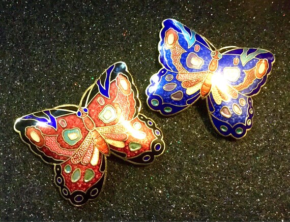 Belt Buckle Set/cloisonne Butterfly/blue & Red Enameled 