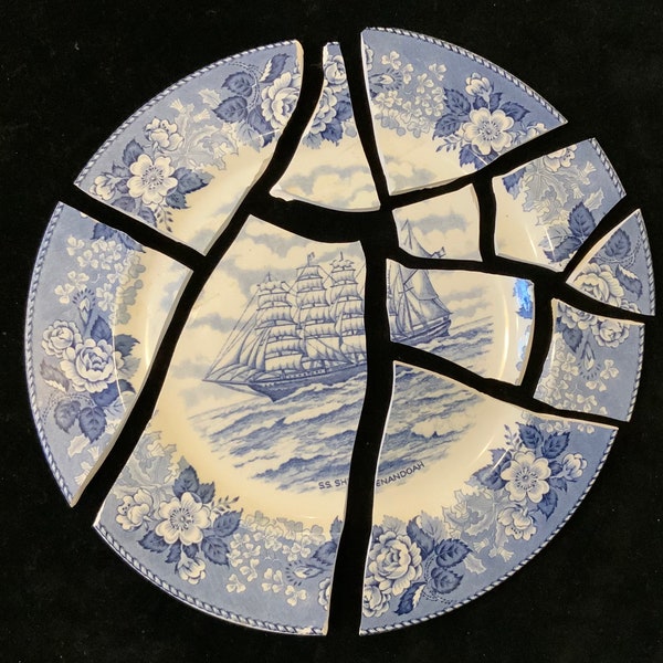 Alfred Meakin Ceramic Shard Pieces/“S S Shenandoah”/Ship Plate/Blue+White/Bath,Maine/Old English Staffordshire Ware/England/BROKEN/Vintage