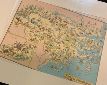 1935 Original Map/Gay Geography Map/Ruth Taylor/North Carolina USA Colored Illustrated Pictorial Map/Matted/Unframed/Large 13x16”/Vintage