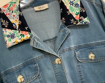 Denim Jacket/Jean Jacket/Barn Jacket/Chore Coat/Blue/Button Up/Pockets/Patchwork/Style & Co/Woman Size XL (chest 42”) Vintage