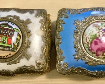 Mini Trinket Box-Casket Box Pair/San Francisco Souvenir/Lidded/Farrington?/Footed Metal w/Porcelain Transfer Plaque/Japan/Vintage 2pc SET