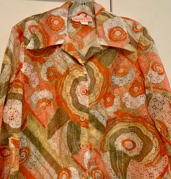 70s Eyelet Blouse-Shirt-Top/Orange Floral Abstrac… - image 4