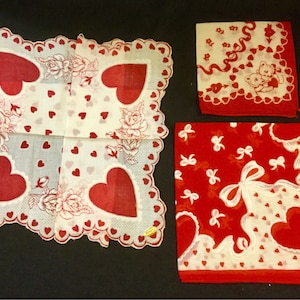 1950s Valentine Hanky-Handkerchief/Red HeartRosesTeddy Bear/Cotton/Valentines Day Gift/Adult-Child/3 Piece SET/Vintage image 5