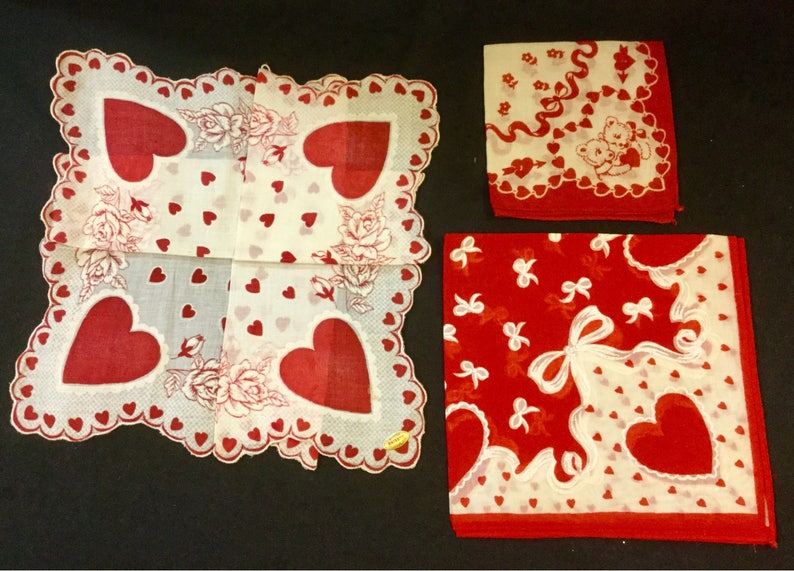 1950s Valentine Hanky-Handkerchief/Red HeartRosesTeddy Bear/Cotton/Valentines Day Gift/Adult-Child/3 Piece SET/Vintage image 5