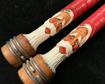 Wood Weaving Shuttle Spindle Christmas Santa Ornament/Textile Bobbin Spool/Industrial Mill Relic/Hand Carved/HP 2 Piece SET/Vintage 1930