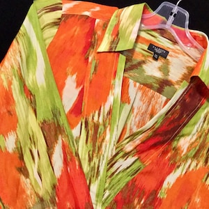 Orange Blouse-Tunic Top-Pullover/Talbots/Floral Tie Dye Ikat Abstract Print/Orange & Green/Long Sleeve/V-Neck/Sheer/Summer/Woman 10P/Vintage