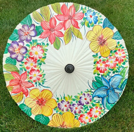 Vtg Asian Floral Parasol Umbrella/Bamboo & Canvas… - image 3