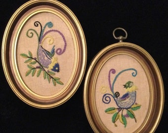 60s Crewel Embroidery Wall Art/Embroidered Love Bird Pair/Framed/Gold Oval Syroco-Style Frame/Handmade/2 Piece Set/Vintage 1960