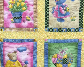 Vintage Baby Quilt/Pink-Blue-Yellow/Patchwork/Sun Bonnet Sue/Hand-Quilted & Machine-Stitched/Small 40x44/Handmade Vintage
