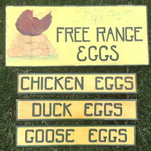 Letrero de madera vintage/letrero de granja/huevos en venta/publicidad/pintado a mano/huevos de gallina, huevos de ganso, huevos de pato/verde y amarillo/campestre/pascua/grande, 4 piezas