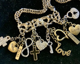 Multi Charm Necklace Pendant Choker/Spiritual/Heart-Love-Cross-Hope-Faith-Laugh Charms/Rhinestone/Silver Tone Metal/Handmade/Vintage