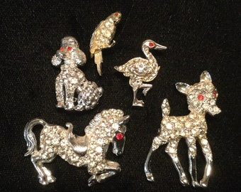1950 Rhinestone Animal Scatter Pin Brooch/Horse-Dog-Deer-Parrot-Ostrich/Clear Rhinestone/Red Eyes/Silver Metal/Small 5 Piece Set/Vintage