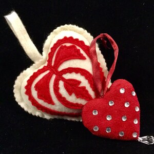 Red Heart Ornament Set/Felt & Crystal Rhinestones/Christmas/Valentine&#39;s Day/Small 2 Piece SET/Handmade/Vintage 1990