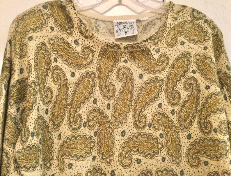 Anthropologie Knit Sweater/Pullover/Green Paisley Print/Crew-Neck/Long-Sleeve/Fall-Autumn-Winter/Woman’s Medium (Chest 40”) Vintage 1980 image 3