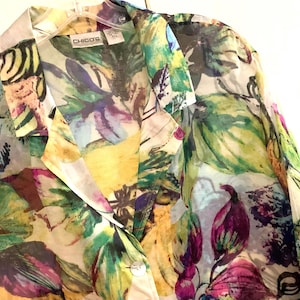 Chico’s Blouse/Cottagecore Crop Top/Leaf Print/Button Up/3/4 Sleeve/Green-Blue-Purple/Sheer/Feminine/Woman Size 3 (chest 47”)  Vintage