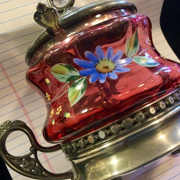 1800 Pink Cranberry Glass Caster Set/Bon-Bon Nut Jar/Silver-Plate “Aurora SP MFG Co” & Paye Baker Sterling Spoon/Enameled/Victorian Antique